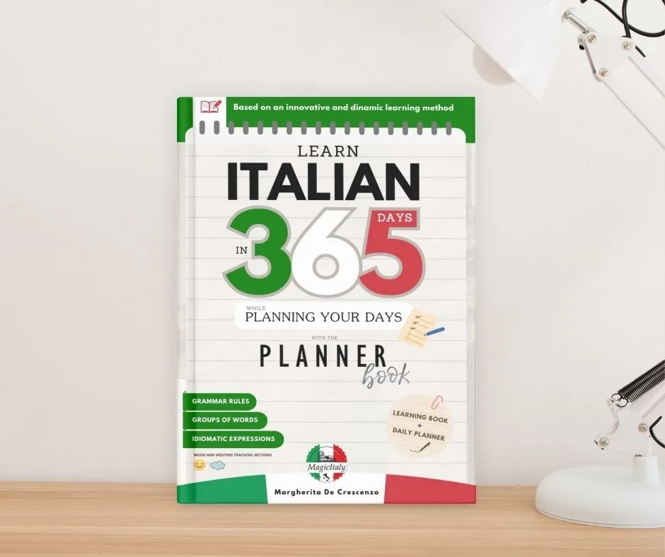 Italian-English language PlannerBook with colorful cover and grammar steps.