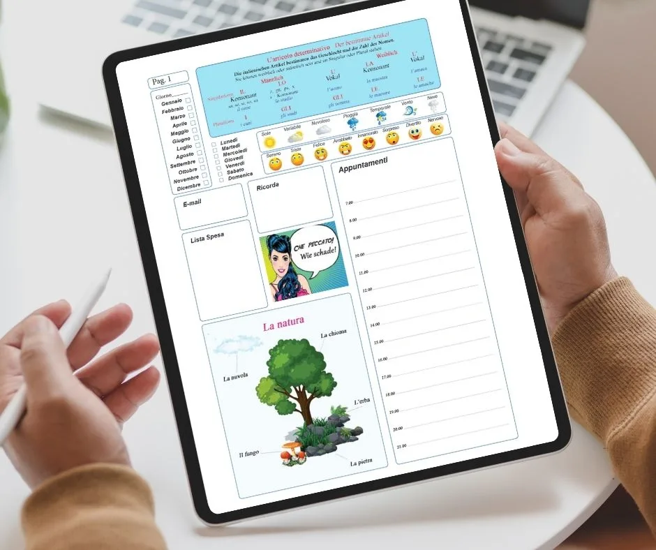 Digital version of the German-Italian PlannerBook displayed on a tablet.